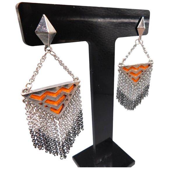 Pierced Chevron Design Earrings Tassel Dangle Drop Orange Faux Leather - Picture 3 of 9